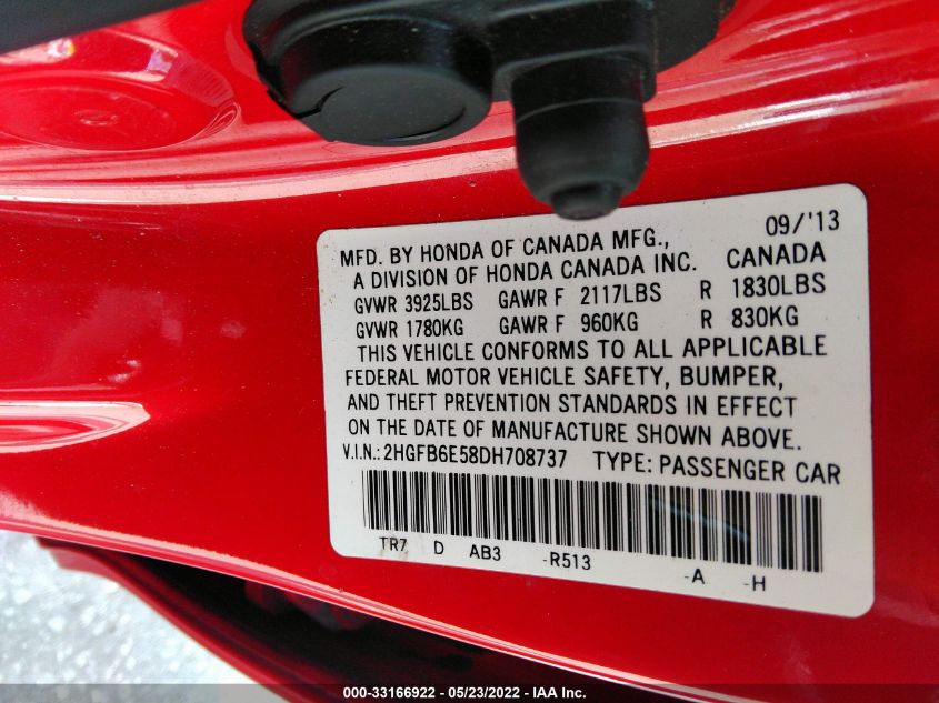 2013 HONDA CIVIC SDN SI 2HGFB6E58DH708737