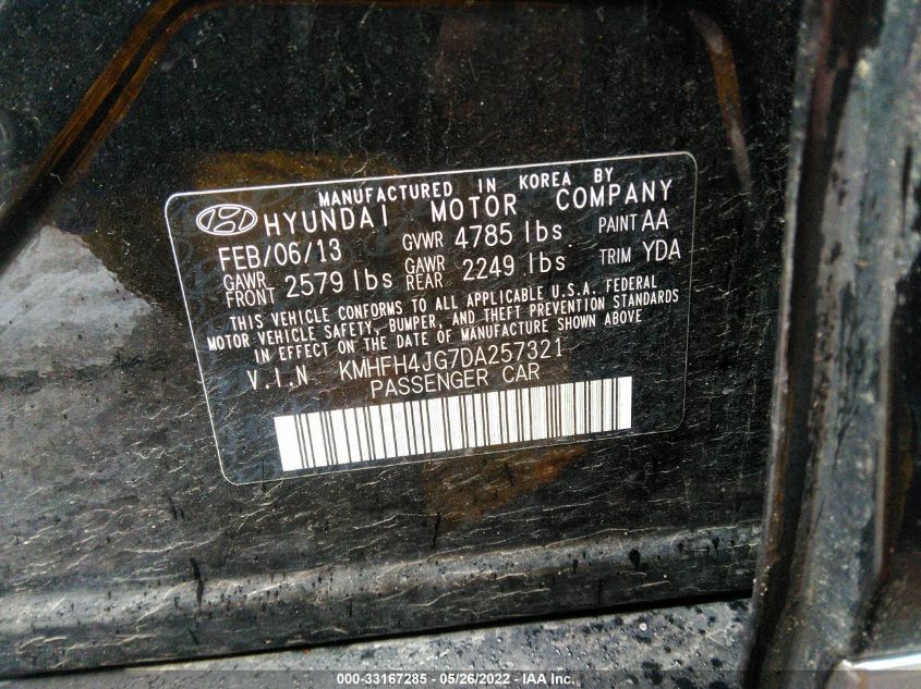 2013 HYUNDAI AZERA KMHFH4JG7DA257321