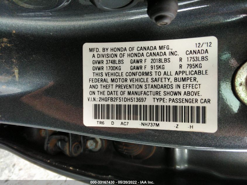 2013 HONDA CIVIC SDN LX 2HGFB2F51DH513697