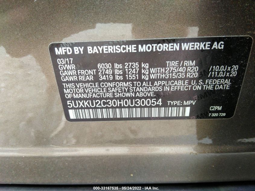 2017 BMW X6 XDRIVE35I 5UXKU2C30H0U30054