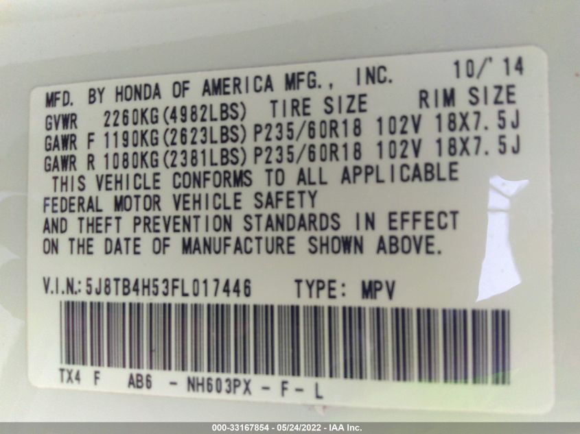 2015 ACURA RDX TECH PKG 5J8TB4H53FL017446