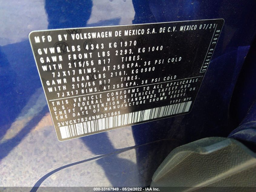 2022 VOLKSWAGEN TAOS S 3VVCX7B24NM021665