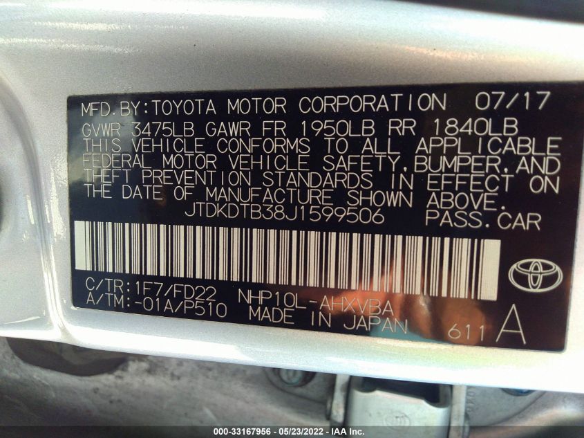 2018 TOYOTA PRIUS C ONE/TWO/THREE/FOUR JTDKDTB38J1599506