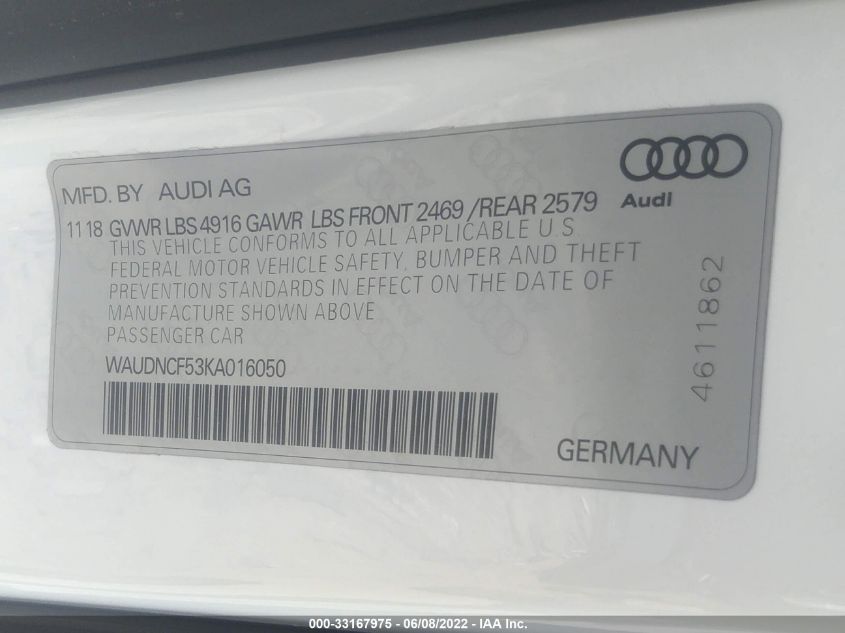 2019 AUDI A5 SPORTBACK PREMIUM WAUDNCF53KA016050