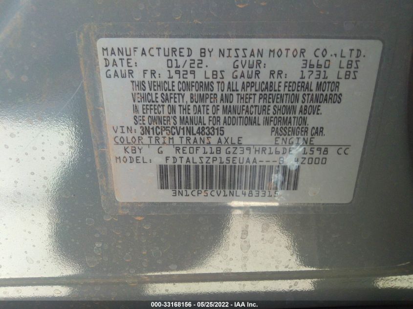 2022 NISSAN KICKS SV 3N1CP5CV1NL483315