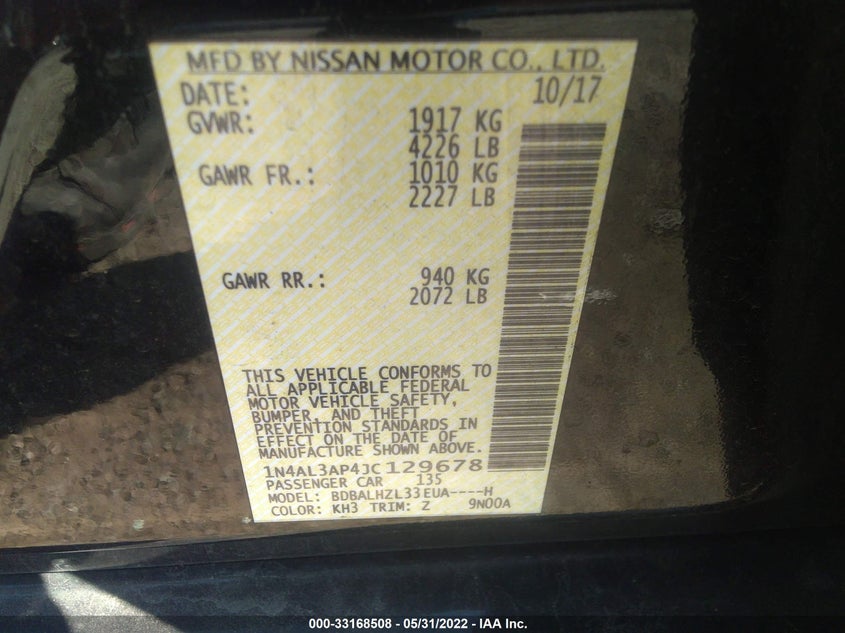 VIN 1N4AL3AP4JC129678 2018 NISSAN ALTIMA 2.5 SR
