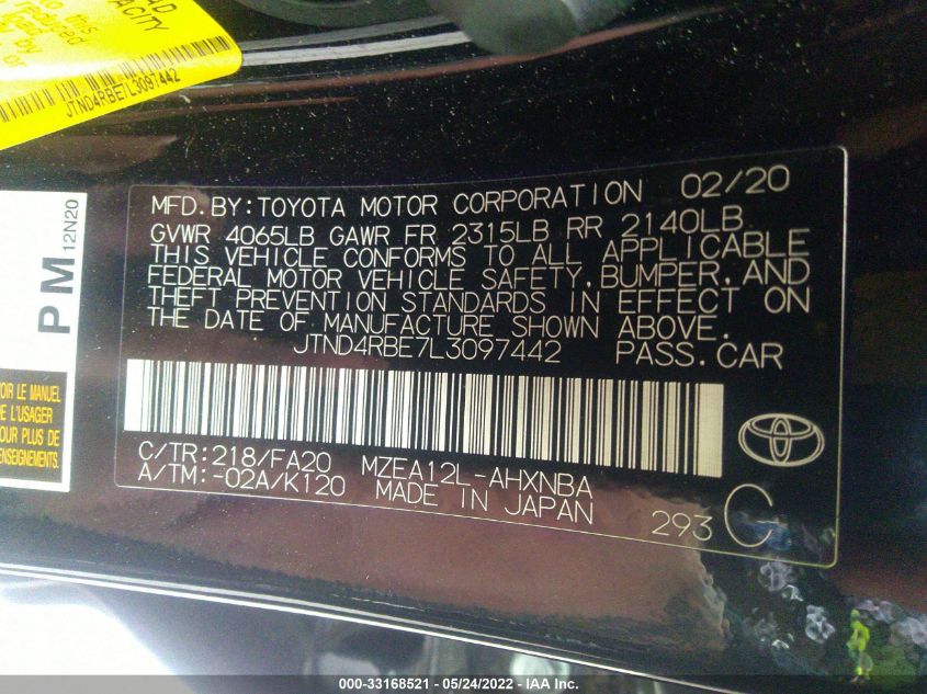 2020 TOYOTA COROLLA HATCHBACK SE/XSE/NIGHTSHADE JTND4RBE7L3097442
