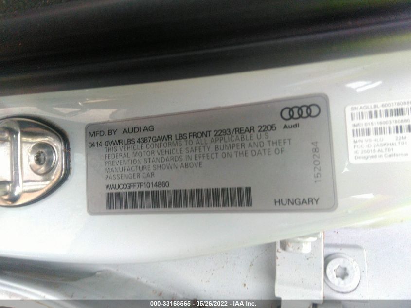 2015 AUDI A3 PREMIUM PLUS WAUCCGFF7F1014860