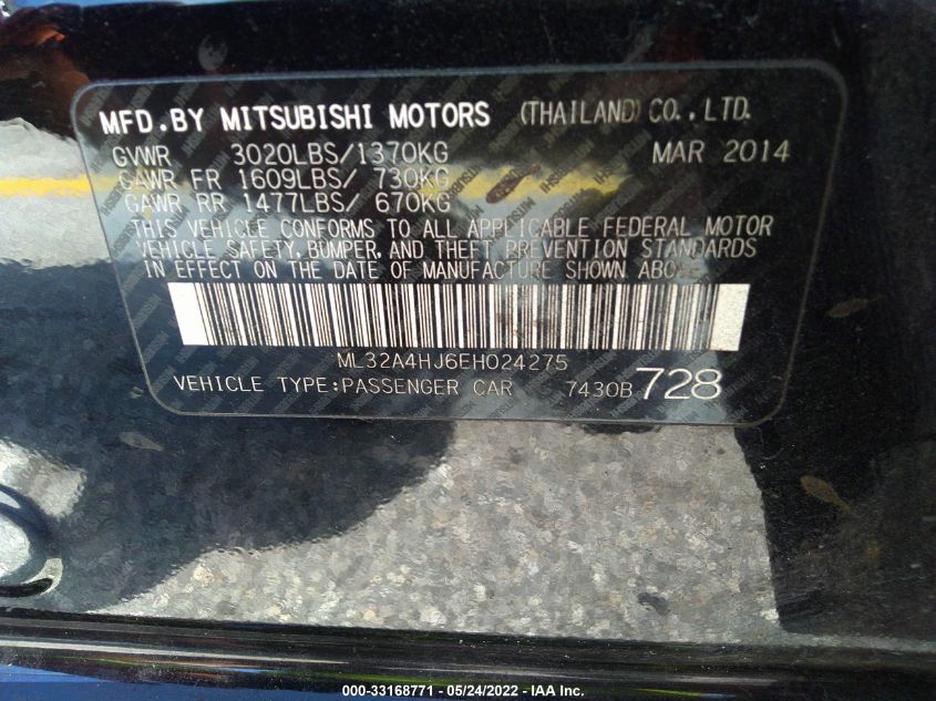 2014 MITSUBISHI MIRAGE ES ML32A4HJ6EH024275