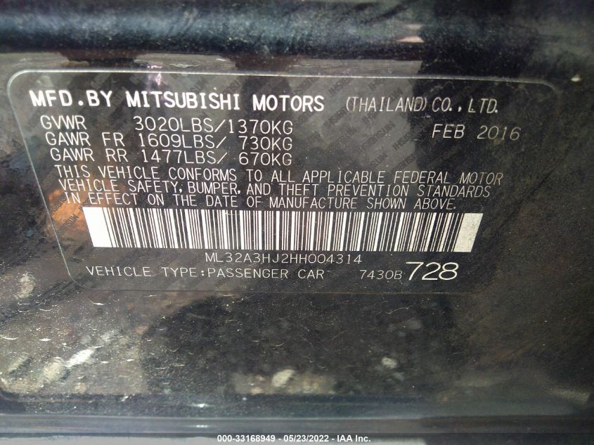 2017 MITSUBISHI MIRAGE ES ML32A3HJ2HH004314