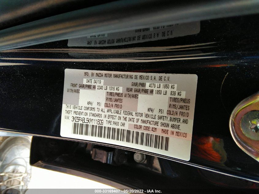 2019 MAZDA MAZDA3 SEDAN 3MZBPABL5KM111609