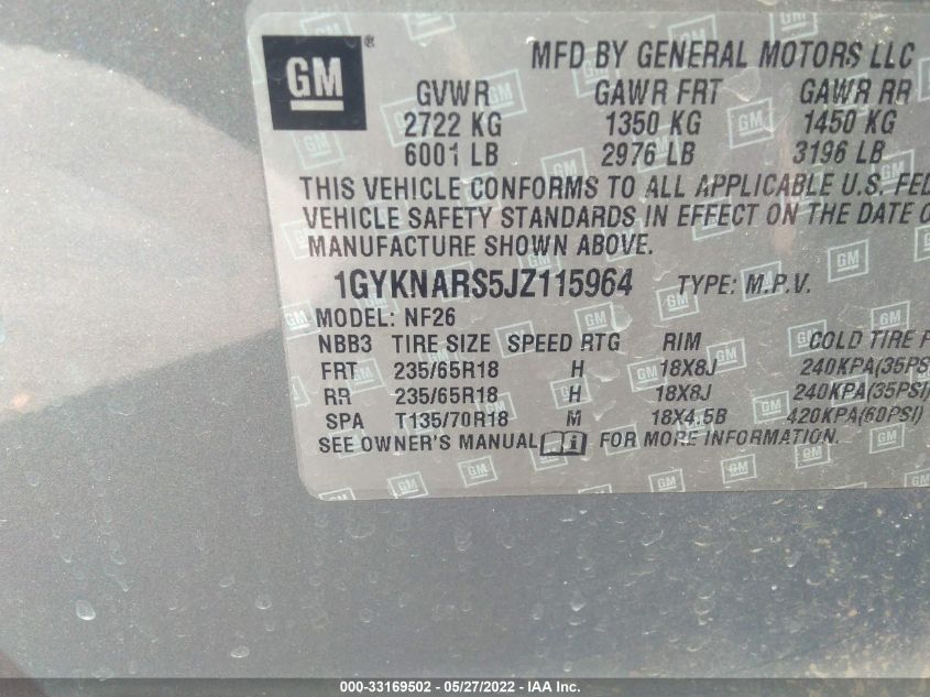 2018 CADILLAC XT5 FWD 1GYKNARS5JZ115964