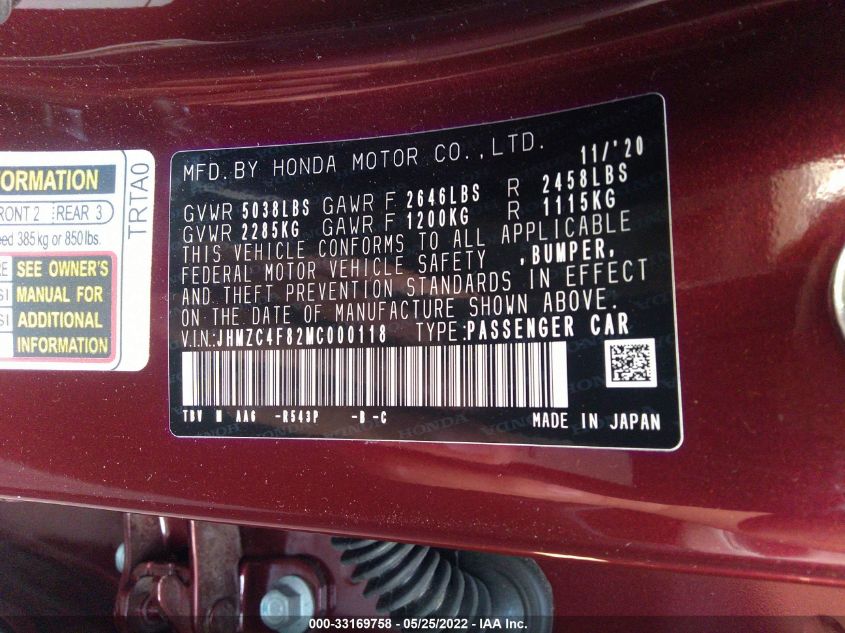 2021 HONDA CLARITY FUEL CELL JHMZC4F82MC000118