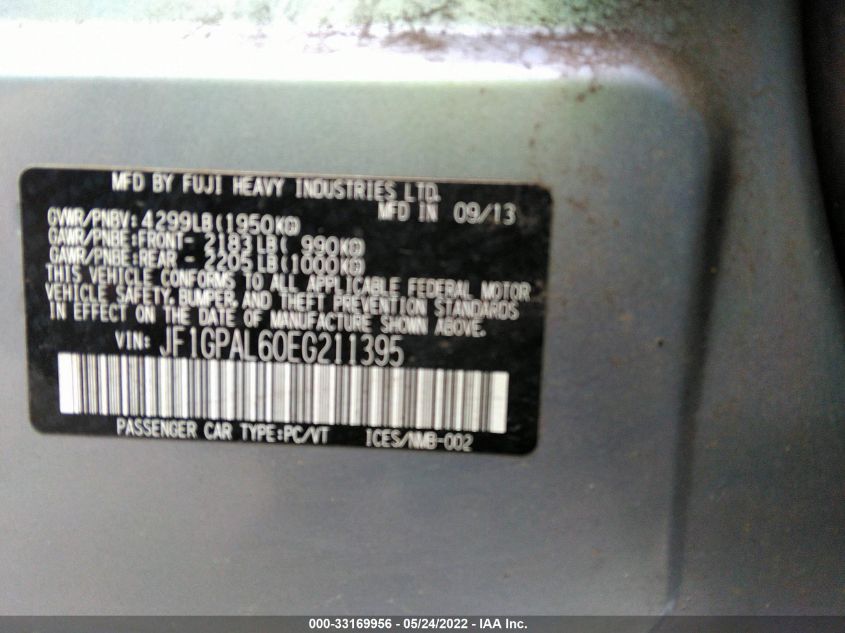 2014 SUBARU IMPREZA WAGON 2.0I SPORT PREMIUM JF1GPAL60EG211395