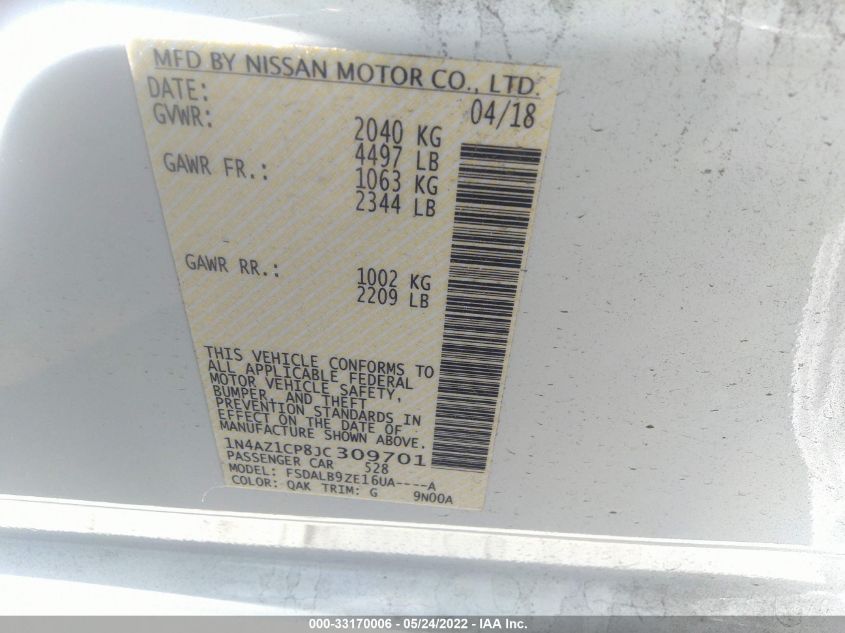 2018 NISSAN LEAF S 1N4AZ1CP8JC309701