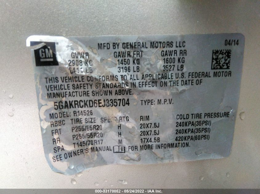 2014 BUICK ENCLAVE PREMIUM 5GAKRCKD6EJ335704