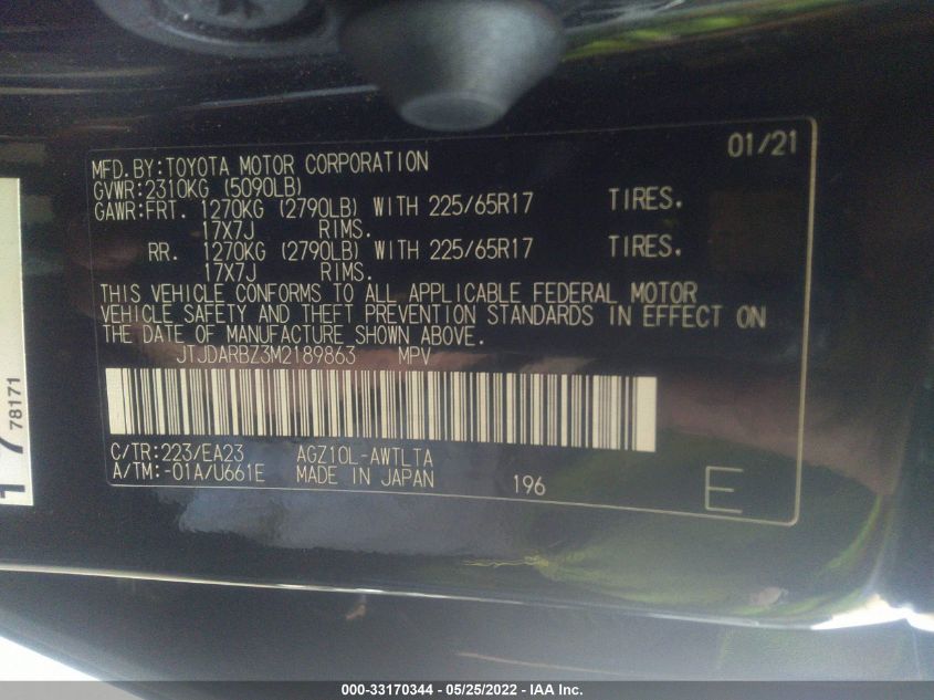 2021 LEXUS NX NX 300 JTJDARBZ3M2189863