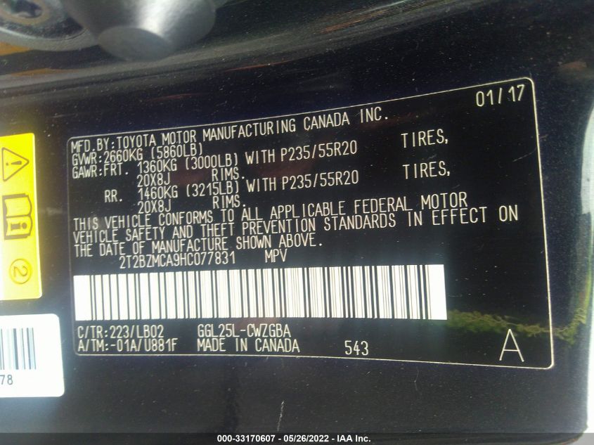 2017 LEXUS RX RX 350 2T2BZMCA9HC077831