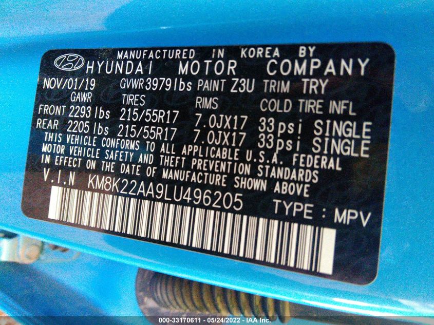 2020 HYUNDAI KONA SEL KM8K22AA9LU496205