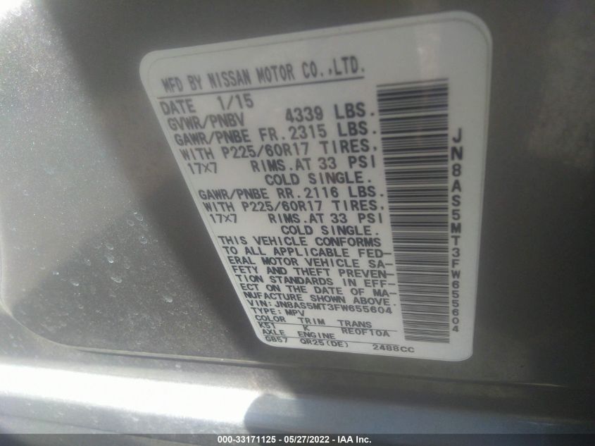 2015 NISSAN ROGUE SELECT S JN8AS5MT3FW655604