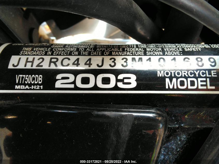 2003 HONDA VT750 CDB JH2RC44J33M101689