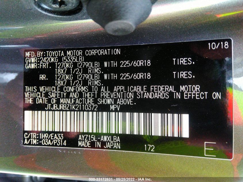 2019 LEXUS NX NX 300H JTJBJRBZ1K2110372