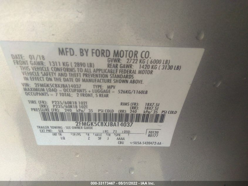 2018 FORD FLEX SEL 2FMGK5C8XJBA14037