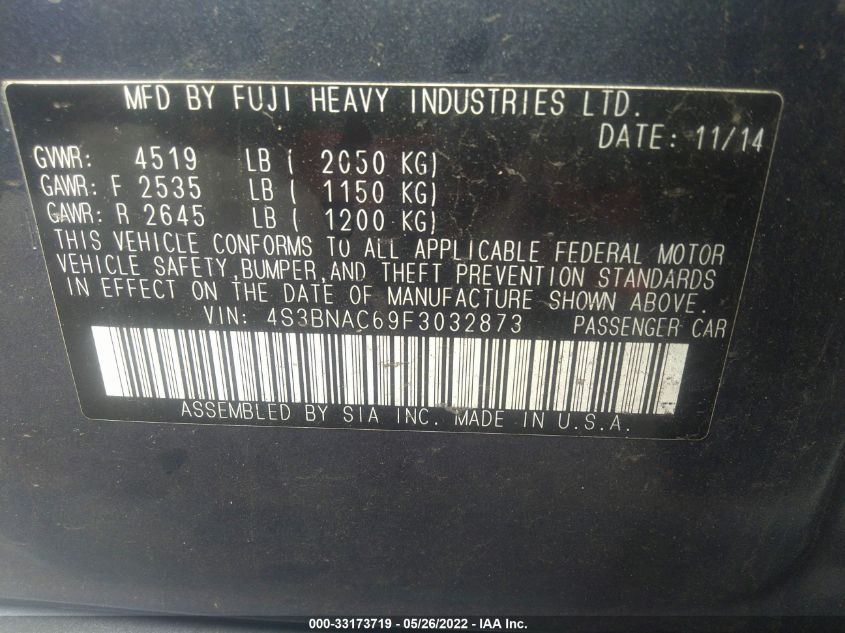 2015 SUBARU LEGACY 2.5I PREMIUM 4S3BNAC69F3032873