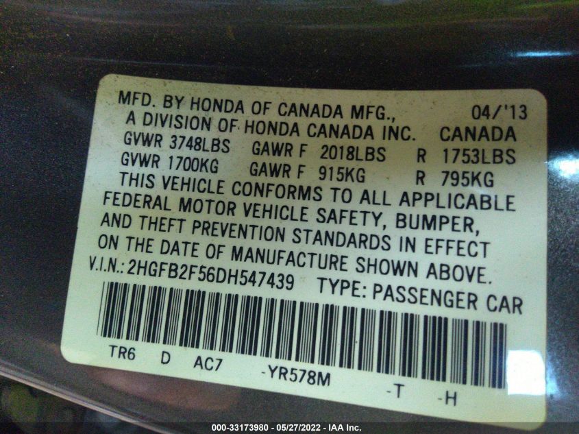 2013 HONDA CIVIC SDN LX 2HGFB2F56DH547439