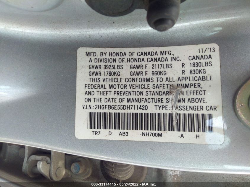 2013 HONDA CIVIC SDN SI 2HGFB6E55DH711420