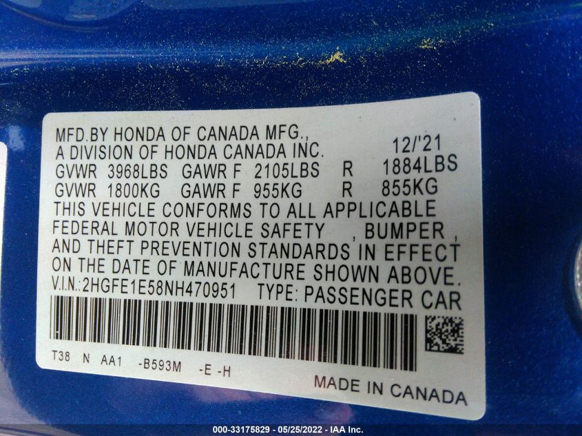 2022 HONDA CIVIC SI 2HGFE1E58NH470951
