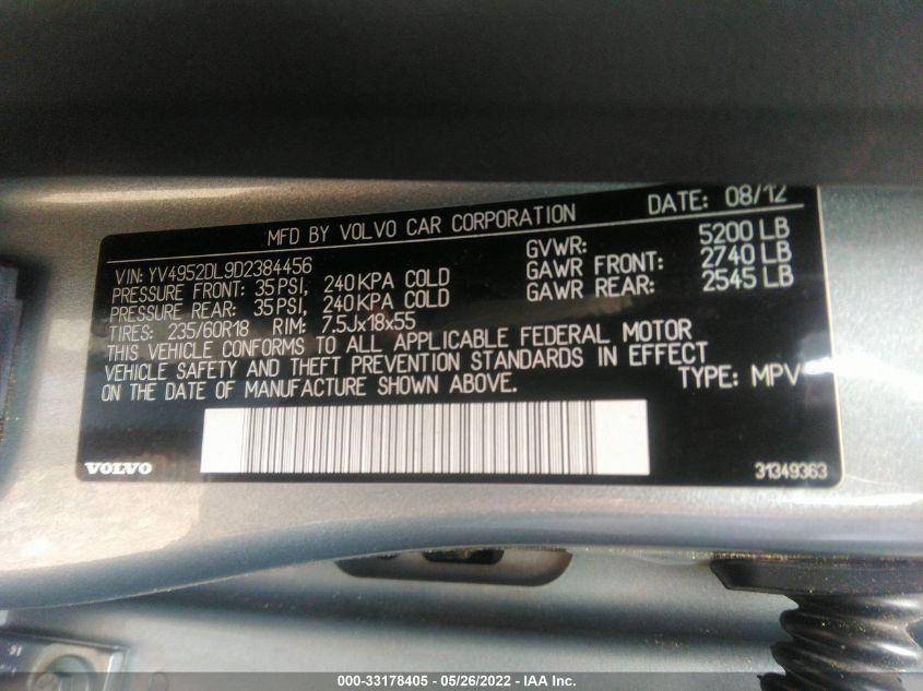 2013 VOLVO XC60 3.2L YV4952DL9D2384456