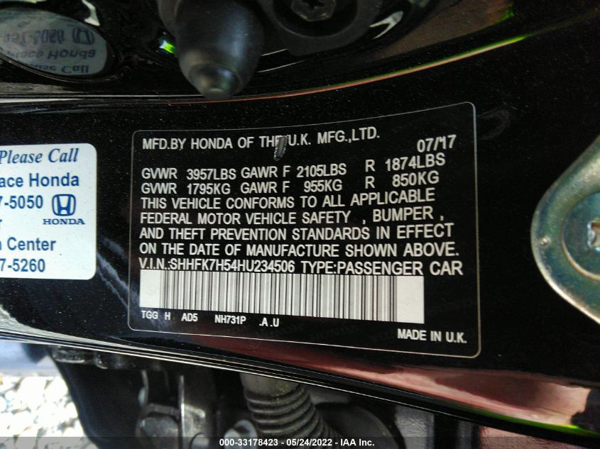 2017 HONDA CIVIC HATCHBACK EX SHHFK7H54HU234506