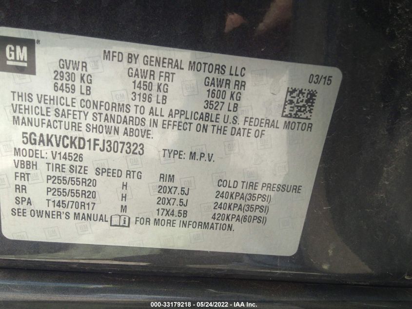 2015 BUICK ENCLAVE PREMIUM 5GAKVCKD1FJ307323