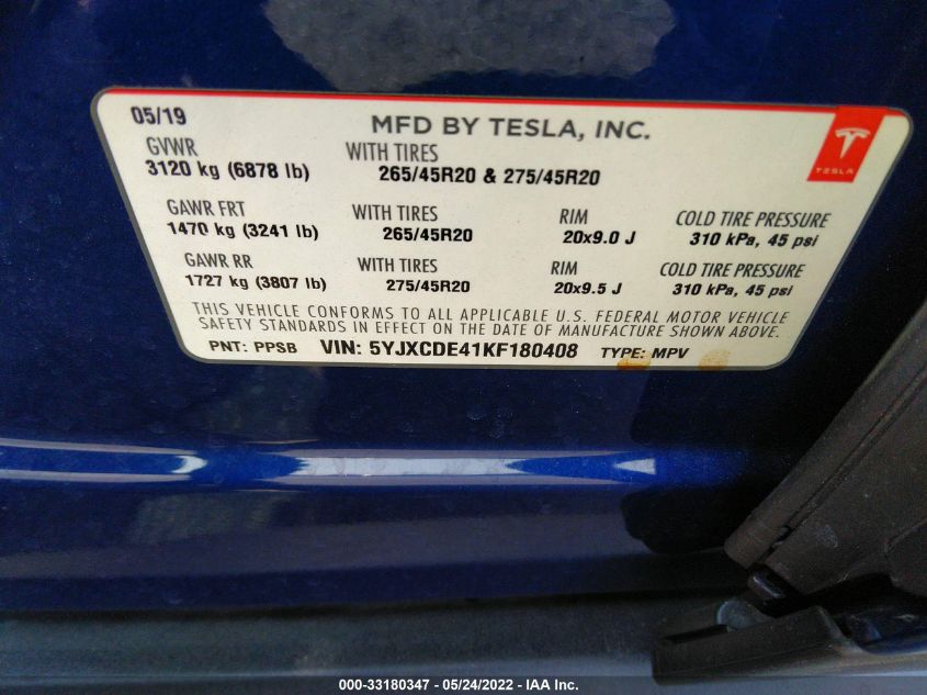 2019 TESLA MODEL X P100D/PERFORMANCE 5YJXCDE41KF180408