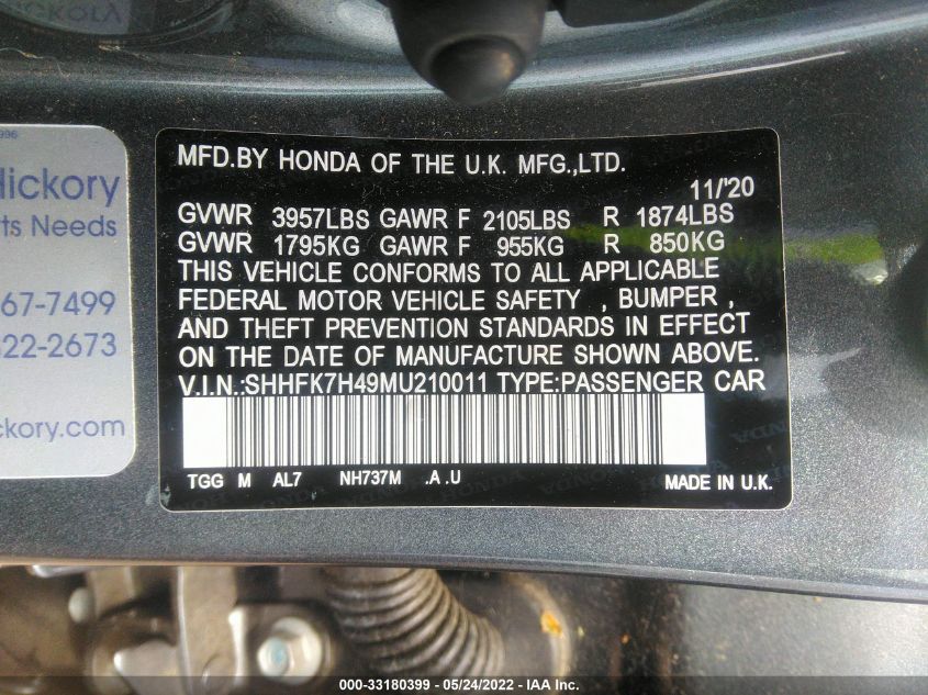 2021 HONDA CIVIC HATCHBACK SPORT SHHFK7H49MU210011