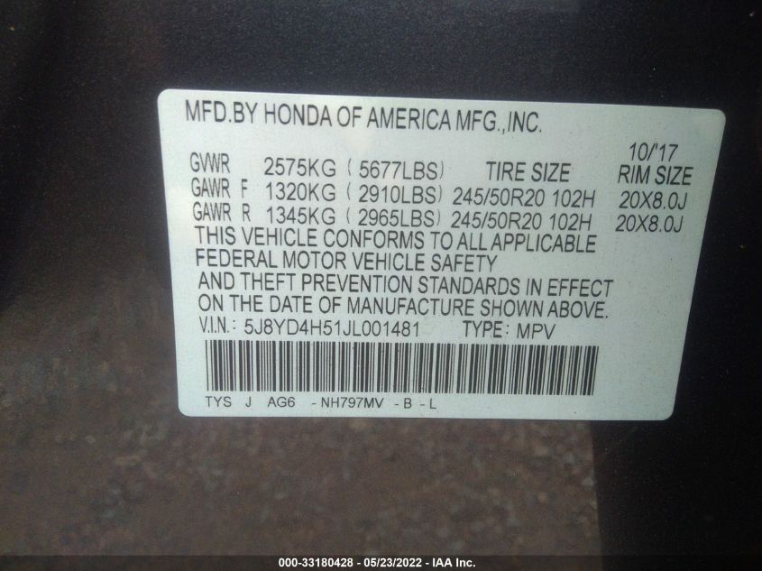 2018 ACURA MDX W/TECHNOLOGY PKG 5J8YD4H51JL001481