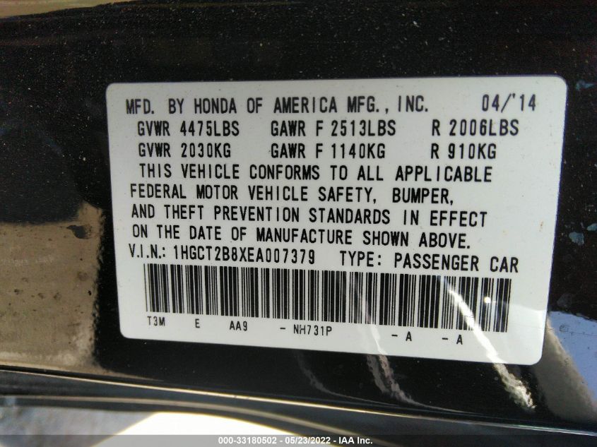 2014 HONDA ACCORD COUPE EX-L 1HGCT2B8XEA007379