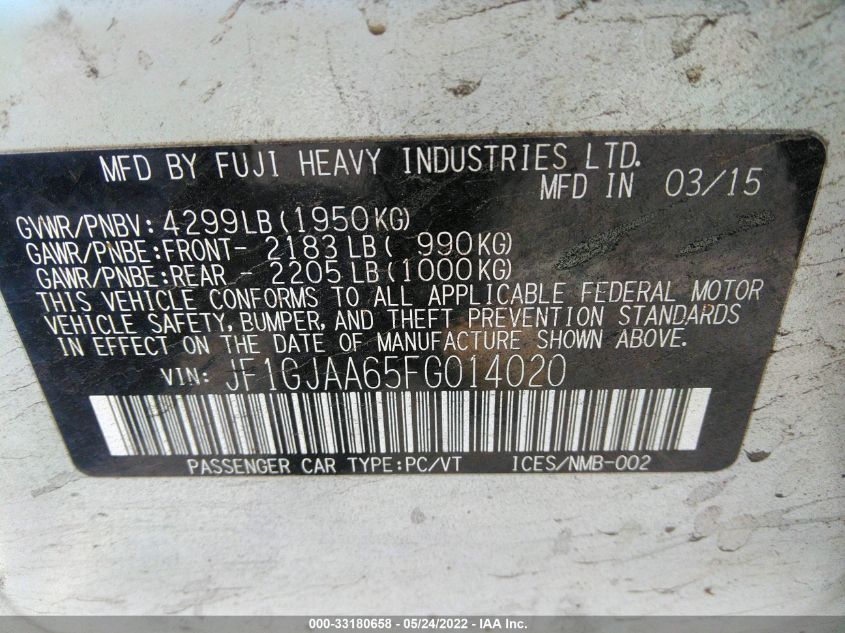 2015 SUBARU IMPREZA SEDAN JF1GJAA65FG014020