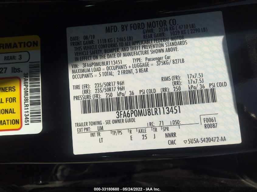 2020 FORD FUSION HYBRID SEL 3FA6P0MU8LR113451