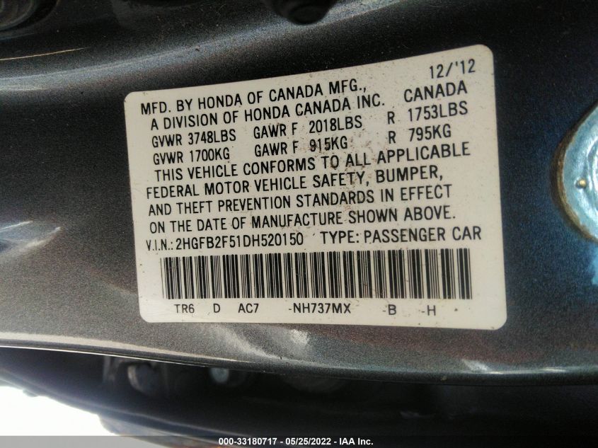 2013 HONDA CIVIC SDN LX 2HGFB2F51DH520150