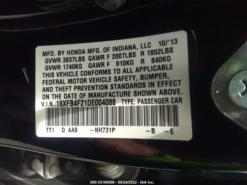 2013 HONDA CIVIC HYBRID 19XFB4F21DE004088