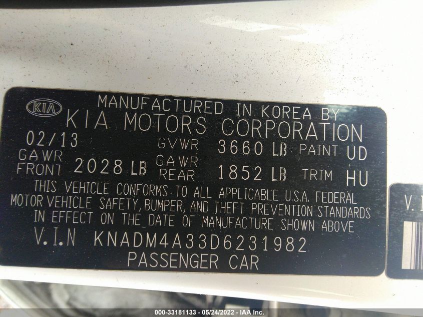 2013 KIA RIO LX KNADM4A33D6231982