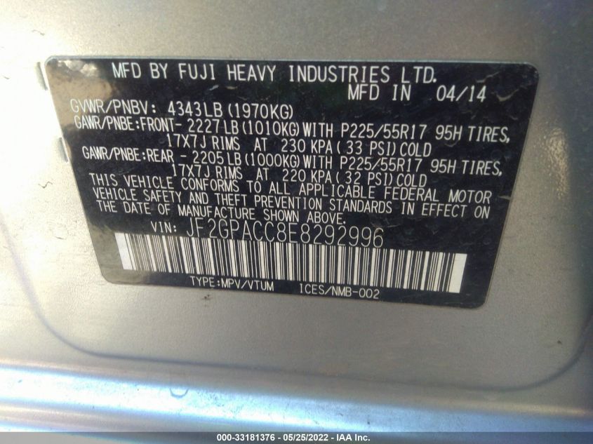 2014 SUBARU XV CROSSTREK 2.0 PREMIUM JF2GPACC8E8292996