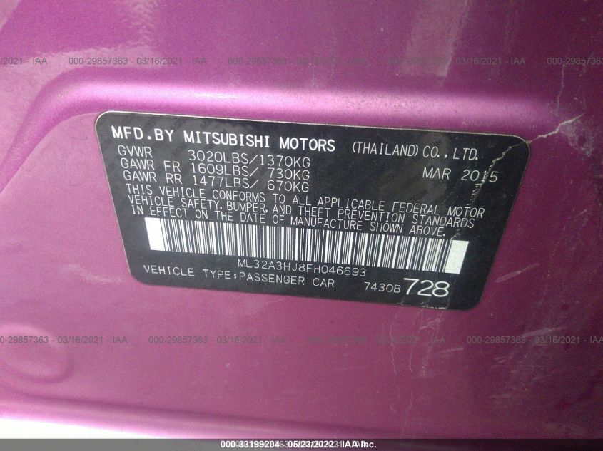 2015 MITSUBISHI MIRAGE DE/RF ML32A3HJ8FH046693