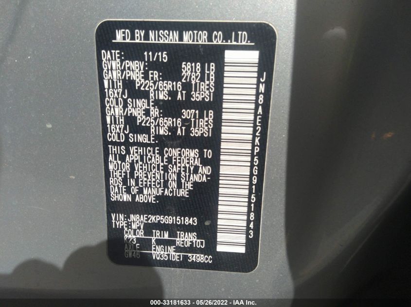 2016 NISSAN QUEST SV/S/PLATINUM/SL JN8AE2KP5G9151843