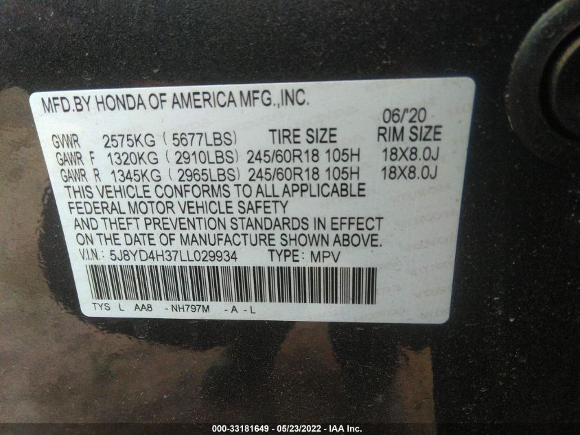 2020 ACURA MDX 5J8YD4H37LL029934