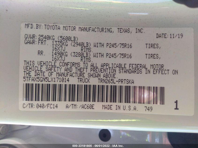2020 TOYOTA TACOMA 2WD SR/SR5 5TFAX5GN5LX171014