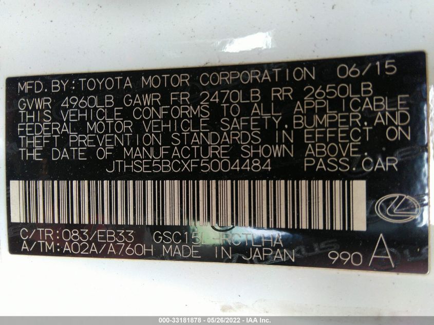 2015 LEXUS RC 350 JTHSE5BCXF5004484