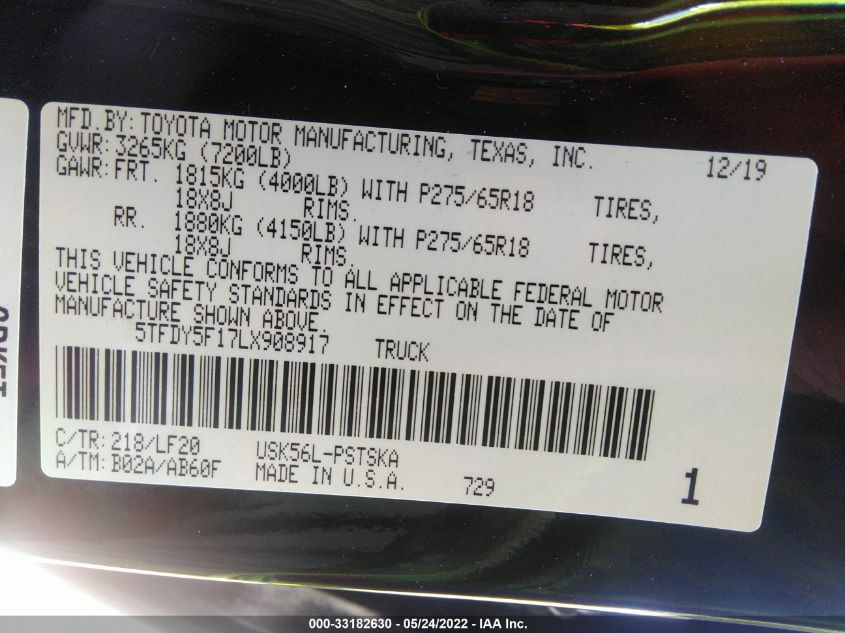 2020 TOYOTA TUNDRA 4WD SR5/TRD PRO 5TFDY5F17LX908917